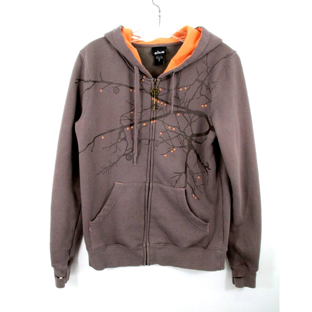 ETNIES Love Tree Hooded Sweat Jacket Gray Orange Zip Hoodie Women Medium